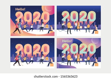 City people welcoming Twenty Twenty set. Men and women walking, doing shopping, using gadgets. Flat vector illustrations. New Year, city lifestyle concept for banner, website design, landing web page