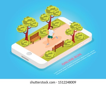 City people workout online run community isometric composition with jogger in park on mobile screen vector illustration 