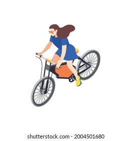 City personal eco transport isometric icon with woman riding modern bicycle 3d vector illustration