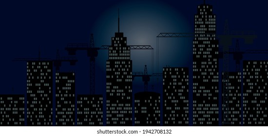 Perspectiva de la ciudad. Edificios y grúas. vector