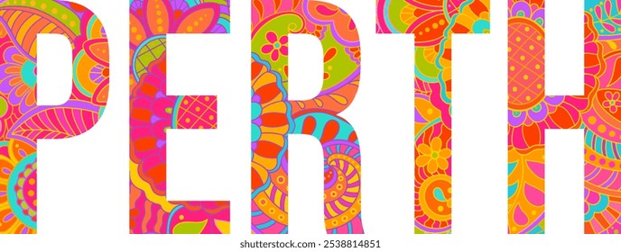 City of Perth text title design. Colorful floral doodle pattern lettering. Abstract text effect header design