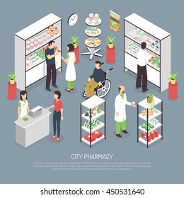 City Pharmacy interior isometric poster with apothecary attending customers and medication display racks abstract vector illustration 