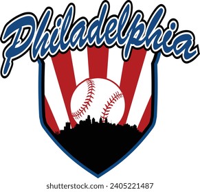 City of Philadelphia Pennsylvania skyline silhouette baseball icon with ball inside home plate shaped shield and script lettering above. Vector eps graphic design.