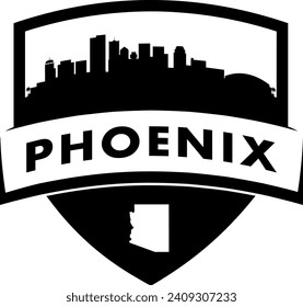 City of Phoenix Arizona black and white shield style city buildings silhouette shield graphic with knockout white outline of the state border shape under name. Vector eps design. 
