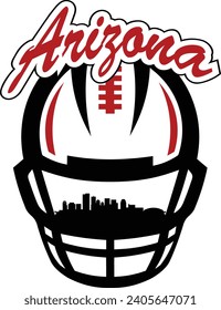 City of Phoenix Arizona downtown buildings skyline silhouette inside face mask of football helmet with laces and script lettering above. Vector eps graphic design.