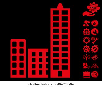 City pictograph with bonus tools pictogram. Vector illustration style is flat iconic symbols, red color, black background.