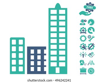 City pictograph with bonus tools pictogram. Vector illustration style is flat iconic bicolor symbols, cobalt and cyan colors, white background.