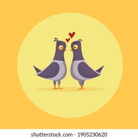 City pigeons are in love with each other. Valentine's Day. Doves in the park on February 14. Holiday 2021. Red hearts and beautiful doves. City cartoon birds celebrate the holiday 