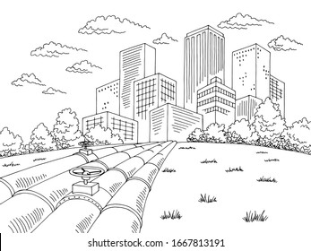 City pipes graphic black white cityscape skyline sketch illustration vector