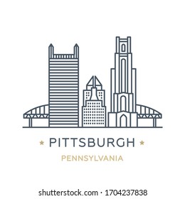 City Pittsburgh, state of Pennsylvania. Line icon of famous and largest city of USA. Outline icon for web, mobile and infographics. Landmarks and famous building. Vector illustration, white isolated. 