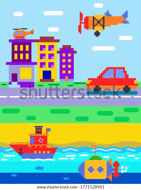 City in pixel art. Ground water and air\
transport. Vector stock\
illustration.