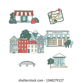 City places set with buildings in flat design. Cafe restaurant, music theater, house, Cathedral, barn, museum, mill, station, chaurch. Urban collection. Hand drawn illustration. Grunge style clip art