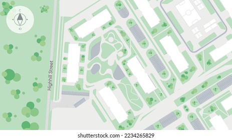 City plan of an area with the designation of parks, streets, houses, social facilities