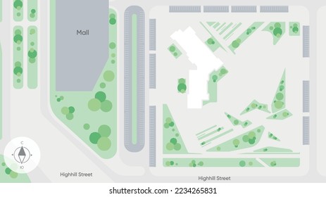 Plano urbano de una zona con designación de parques, calles, casas, instalaciones sociales