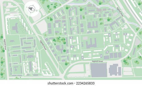 City plan of an area with the designation of parks, streets, houses, social facilities