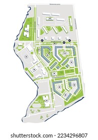 City plan of an area with the designation of parks, streets, houses, social facilities