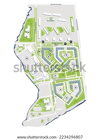 City plan of an area with the designation of parks, streets, houses, social facilities