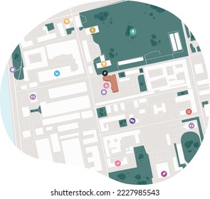 Stadtplan eines Gebiets in Form einer Blase mit der Bezeichnung von Parks, Straßen, Häusern, sozialen Einrichtungen
