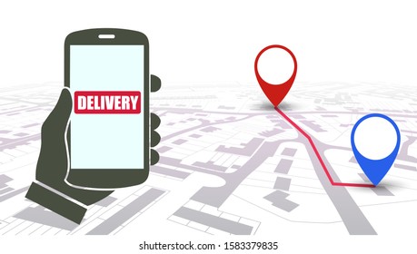 City Plan With GPS Navigation, Phone With Hand And Delivery Button Concept, City Map Route Navigation Smartphone, Phone Point Marker, Itinerary Destination City Map – Stock Vector