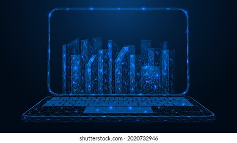 City plan of high-rise buildings in a laptop monitor. The smart city project. Polygonal construction of lines and points. Blue background.