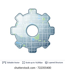 City plan mechanic gear silhouette. Generic city map of imaginary city in gear shape. Vector concept icon.