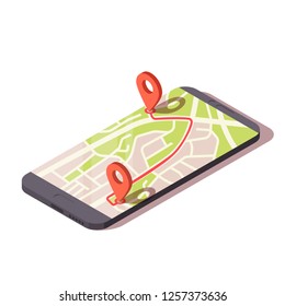 City plan on screen smart phone. Mobile navigation concept. Vector isometric illustration.