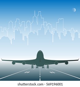the city. a plane taking off. clear blue sky