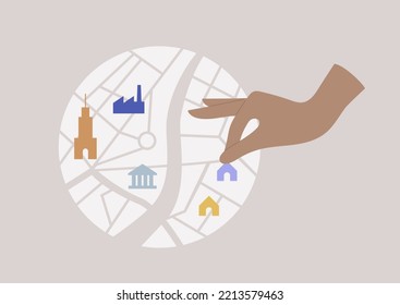 City planner, a hand putting residential houses, banks, industrial factories, and skyscrapers on the map, real estate business, construction work
