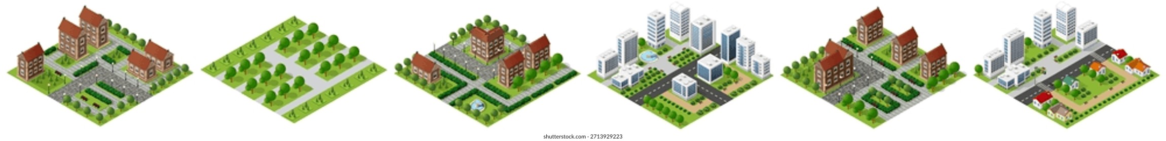 Desarrollo urbanístico que ilustra la evolución del campo verde, al residencial y finalmente a las áreas urbanas modernas