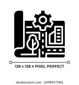 Icono de glifo negro perfecto del pixel de la planificación de la ciudad. Proyecto de arquitectura, transporte. Visión de construcción, crecimiento urbano. Símbolo de la silueta en el espacio blanco. Pictograma sólido. Vector aislado ilustración