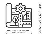 City planning pixel perfect linear icon. Architecture blueprint, transportation network. Building vision, urban growth. Thin line illustration. Contour symbol. Vector outline drawing. Editable stroke