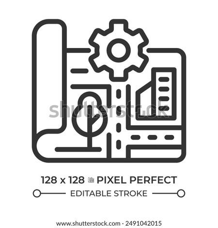 City planning pixel perfect linear icon. Architecture blueprint, transportation network. Building vision, urban growth. Thin line illustration. Contour symbol. Vector outline drawing. Editable stroke