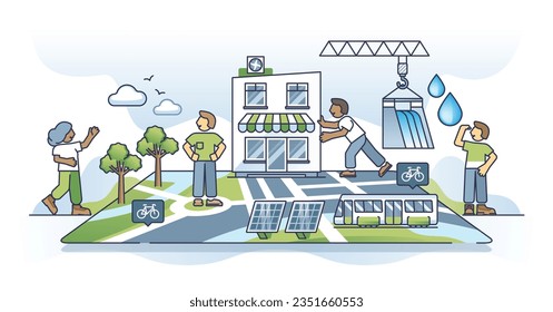 City planning and sustainable new housing district plan outline concept. Modern urban neighborhood model with green infrastructure for transportation and sustainable power usage vector illustration.