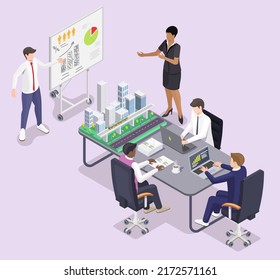 Planificación urbana y proceso de desarrollo urbano. Equipo profesional de arquitectos haciendo, analizando y discutiendo el proyecto de construcción. Personas reunidas para crear paisajes urbanos ilustración vectorial isométrica
