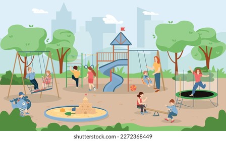 Escenario de patio de recreo urbano con niños balanceándose en columpios teeter totter saltando sobre trampolín trepando ilustración vectorial plana