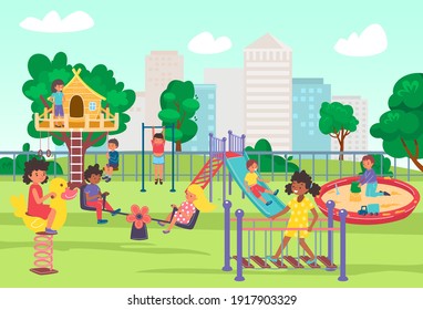 City playground in summer park, play time for children, joyful fun and games outdoors, design cartoon style vector illustration. Cheerful boys and girls ride swing, happy childhood, kindergarten.