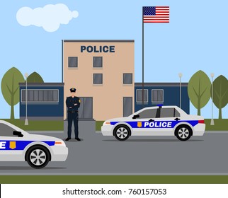 City police station building. Vector illustration with policeman and patrol car in flat style isolated on urban landscape background. Safety and justice concept.