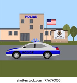 City police station building. Vector illustration with policeman and patrol car in flat style isolated on urban landscape background. Safety and justice concept.