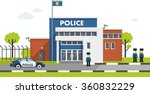 City police station department building in landscape with policeman and police car in flat style isolated on white background