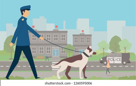 City police station department building in landscape with policeman and police car, 
police dog in flat style isolated on white background - Vector