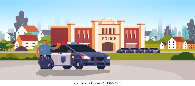 city police station department building with police cars security authority justice law service concept flat horizontal vector illustration