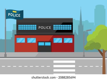 City police station department building landscape in flat style isolated on white background. Vector