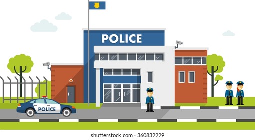 City police station department building in landscape with policeman and police car in flat style isolated on white background