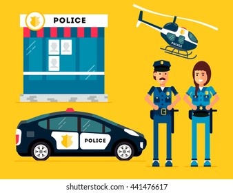 City police station department building with policeman and woman and police car and police helicopter in flat style isolated on good yellow background