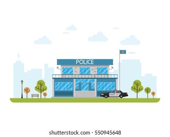 City police station department building and police car in flat style isolated on white background