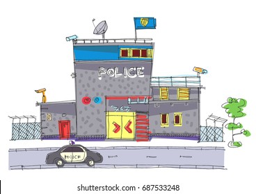 City police station department building with police car. Cartoon