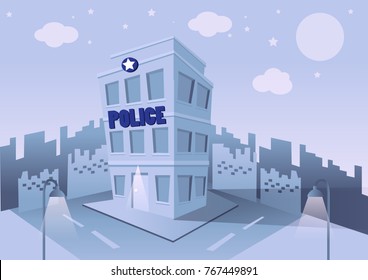 City police station department building in landscape. police officers at work. vector