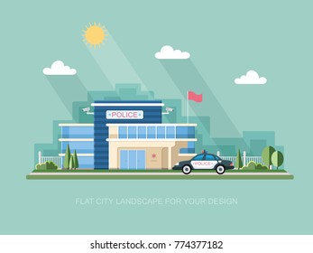 City police station department building in landscape with policeman and car in Graphic flat style isolated on white background. Vector icon for design