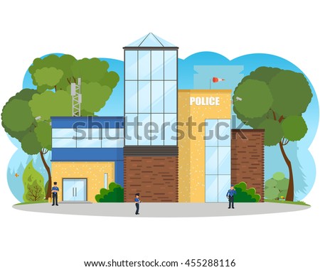 City police station department building in landscape. police officers at work. vector
