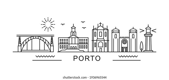 city of Porto in outline style on white. Landmarks sign with inscription.